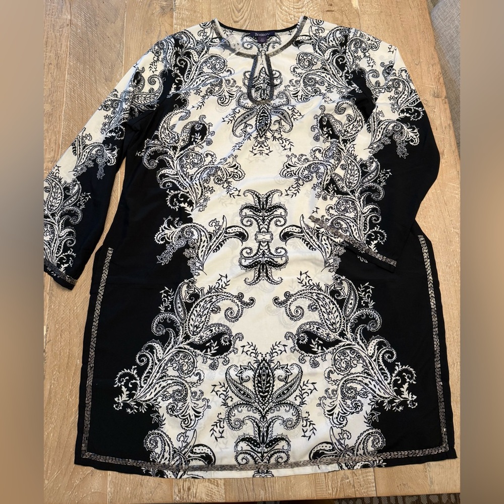 Roaman's Black White Tunic Caftan Dress Coverup Beaded Embellishments 18W NEW